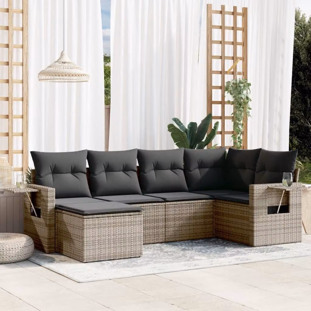 Set Divano da Giardino vidaXL 6 pz in Polyrattan Grigio con Cuscini e Tavolino da Esterno a Forma di L