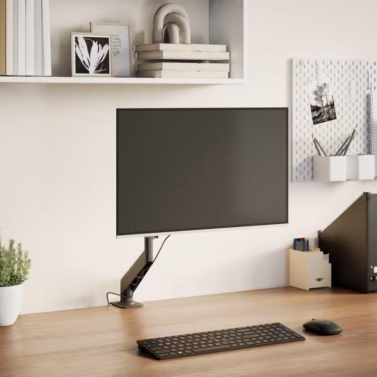 Braccio singolo per monitor vidaXL nero con molla a gas per schermi fino a 27 pollici e attacco VESA 75x75 mm