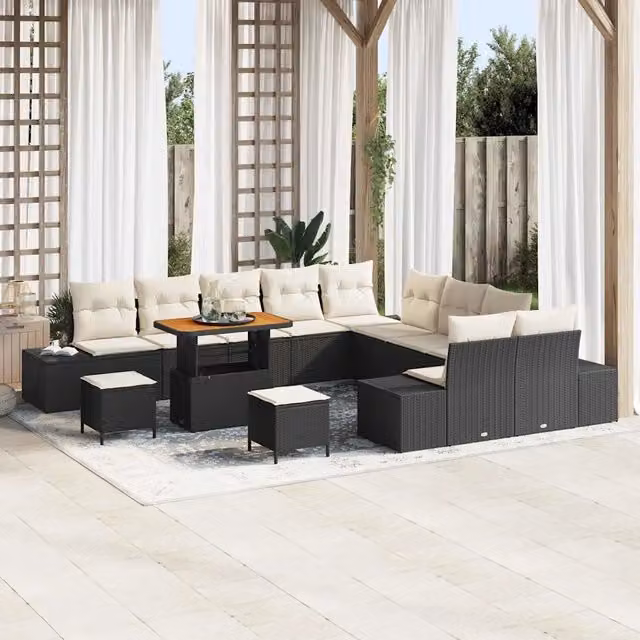 Set Divano da Giardino Moderno vidaXL a 13 Posti con Tavolino e Ottoman, Colore Nero – 1