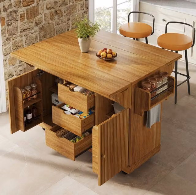 Carrello da cucina 142,5x80x95 cm in MDF marrone scuro, estensibile e salvaspazio –