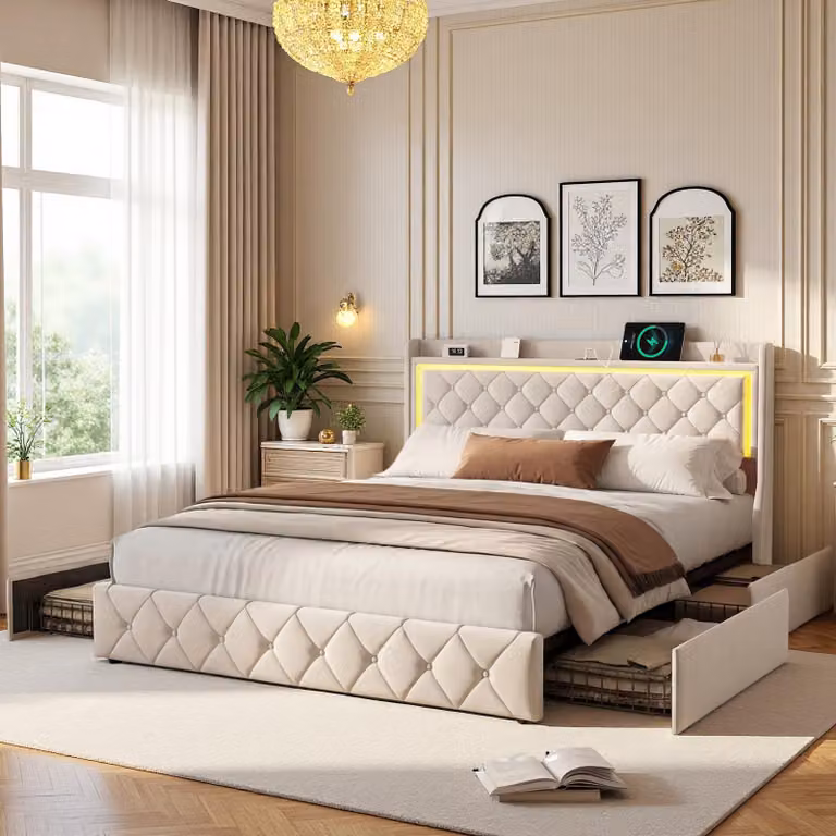 Letto imbottito INONEFT, 140x190 cm, con spazio contenitore, 4 cassetti, letto matrimoniale con USB/LED, letto multifunzionale con testiera, struttura del letto con rete a doghe, rivestito in velluto, color beige