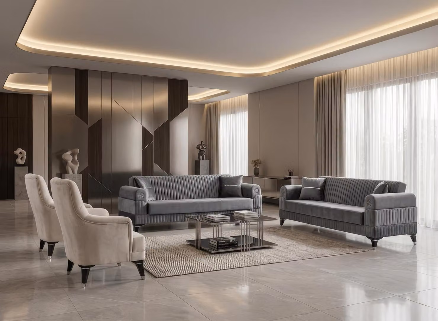 Divano componibile: 2 divani a 3 posti, 2 poltrone. Design moderno, colore grigio e beige. Set in velluto