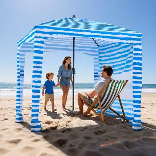 Tenda da spiaggia VEVOR con parete laterale e tasche per la sabbia, ombrellone parasole portatile regolabile in altezza, Blu Chiaro con Striature Bianche, L/P/H: 183 x 183 x 229 cm