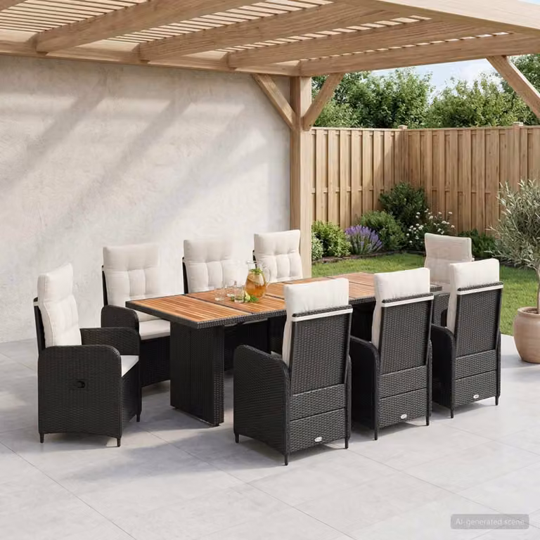 Set da pranzo per esterni vidaXL in polyrattan da 9 pezzi, tavolo rettangolare in legno di acacia e sedie in nero e bianco crema