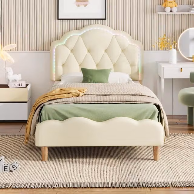 Letto singolo imbottito 90 × 200 cm in PU beige con testiera ondulata e striscia LED multicolore