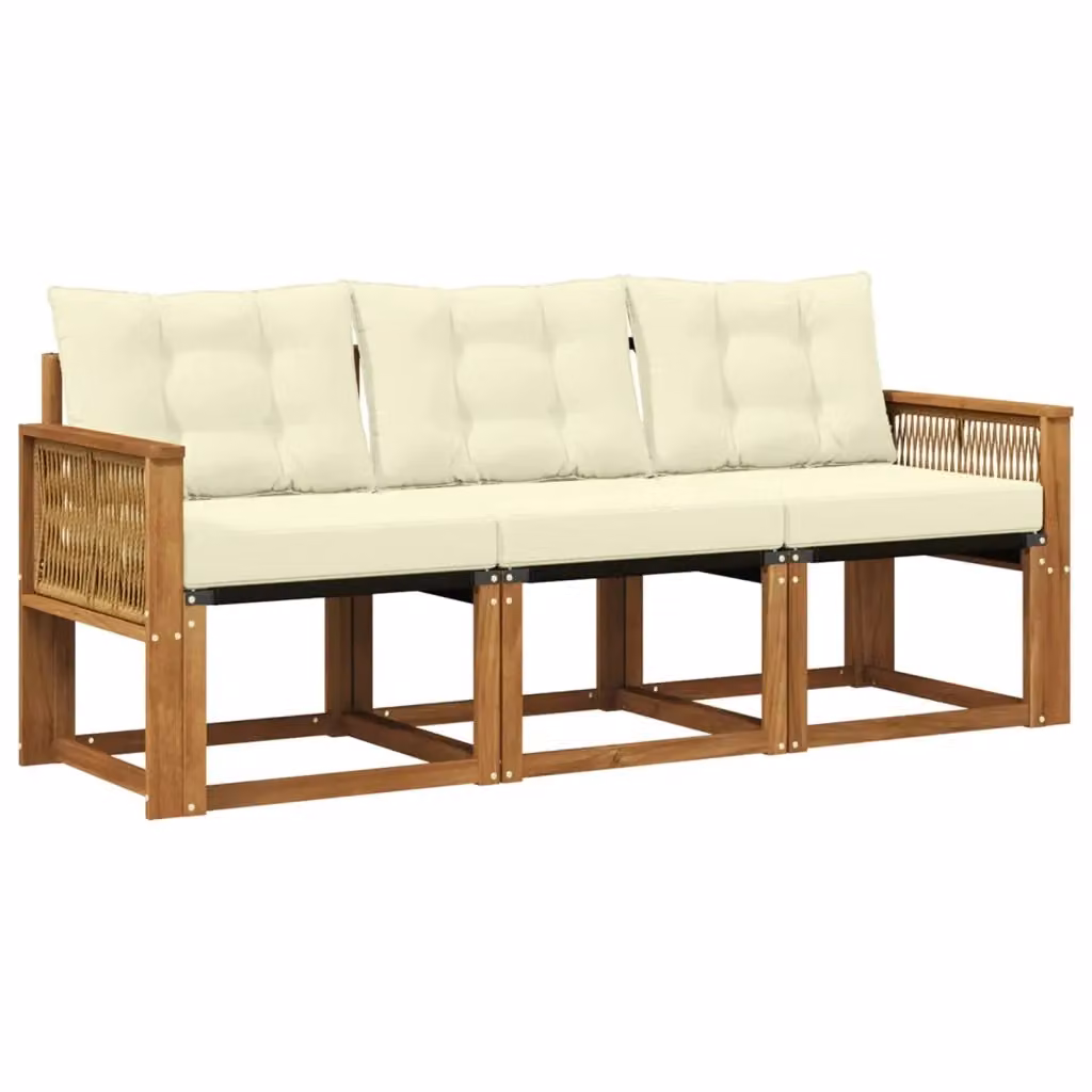 Set di divani da esterno 3 pezzi vidaXL in legno di acacia e textilene, colore beige e bianco con cuscini inclusi – 2