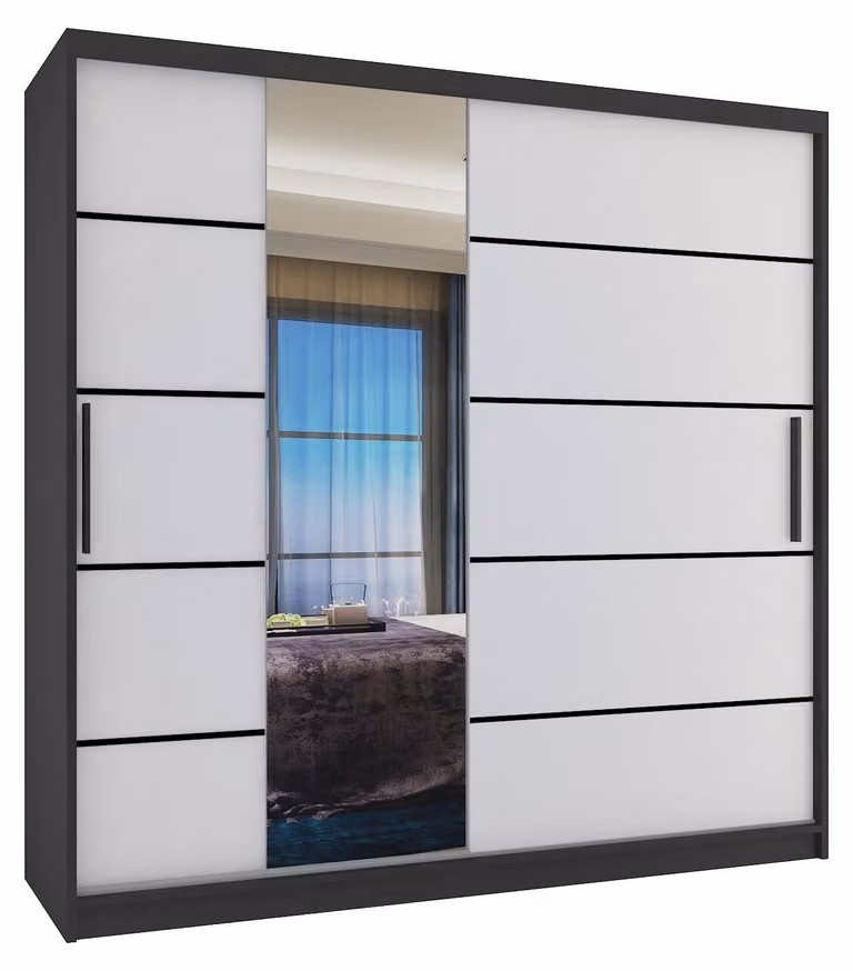 BELINI Verona, armadio scorrevole da 200 cm, nero/bianco opaco - armadio con specchio e 2 cassetti, ideale per la camera da letto