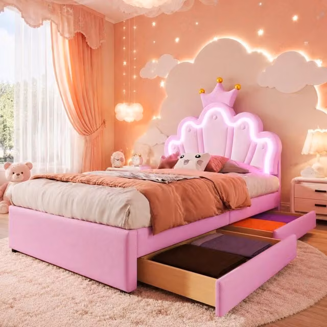 Letto per bambini imbottito 90 × 200 cm con luce LED 16 colori 2 cassetti in PU rosa testiera regolabile