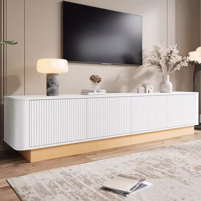 Mobile TV moderno in MDF bianco con 4 ante, ripiani regolabili e passacavi per soggiorno L: 200 cm, P: 40 cm, H: 47.5 cm