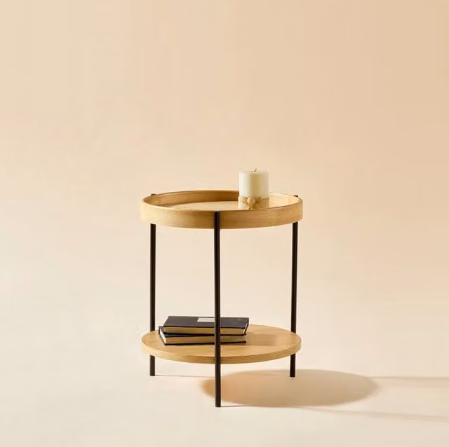 Tavolino rotondo 44 x 44 x 48 cm naturale a 2 livelli, legno e metallo, montaggio semplice,