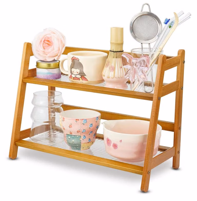 Portaoggetti a scaffale per borse, in bambù e acrilico, 39x18x29 cm, ideale per cucina e ufficio