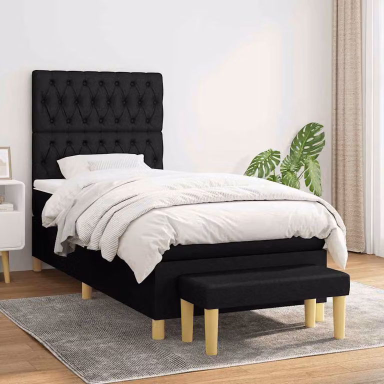 vidaXL Letto Ibrido con Giroletto a Molle e Materasso in Tessuto Nero L 200 x P 90 x H 128 cm