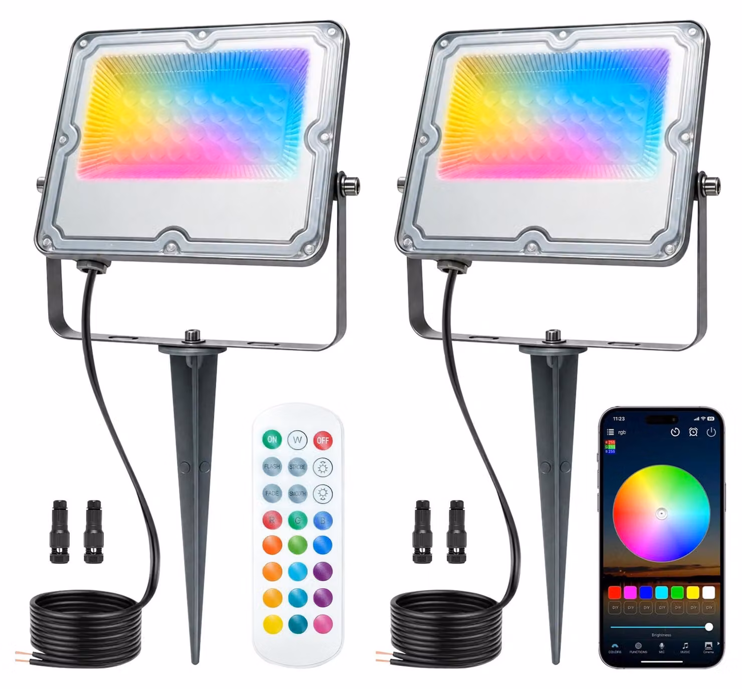 Confezione da 2 fari LED RGB da giardino, 24V, 30W, grado di protezione IP66, con picchetto da terra, controllabili tramite app e telecomando
