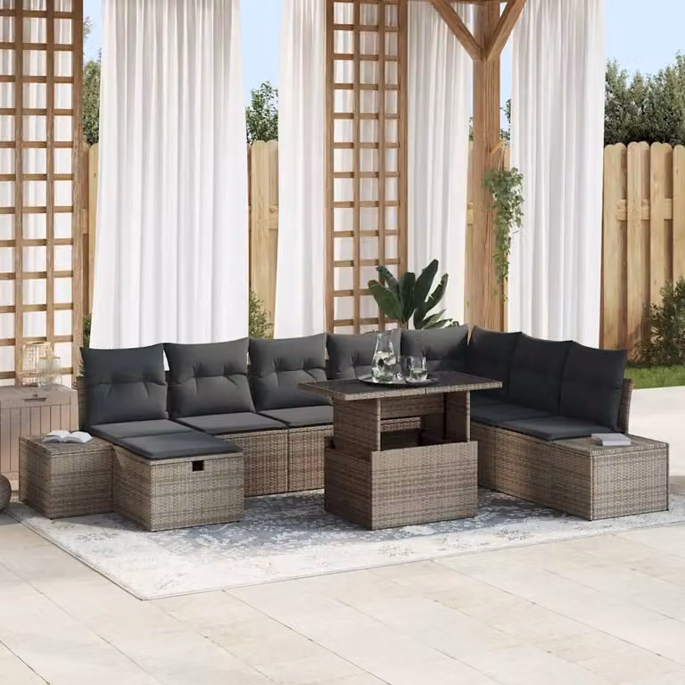 Set Divano da Giardino vidaXL 9 pz Grigio con Cuscini e Tavolino in Polyrattan e Acciaio