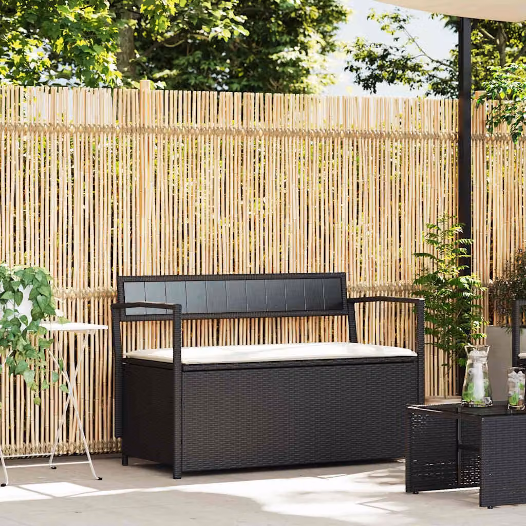 vidaXL Panca Portaoggetti da Giardino in Polyrattan con Cuscini, Colore Nero, L: 111.5 cm, P: 54 cm, H: 74 cm
