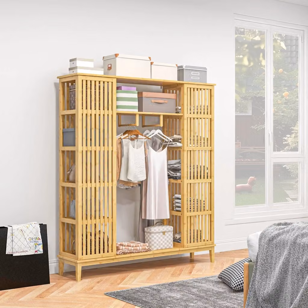 Armadio GIORDANOSHOP in bambù con 2 ante scorrevoli, ripiani e appendiabiti, colore marrone e beige, L: 145 cm, P: 35 cm, H: 165 cm – 2
