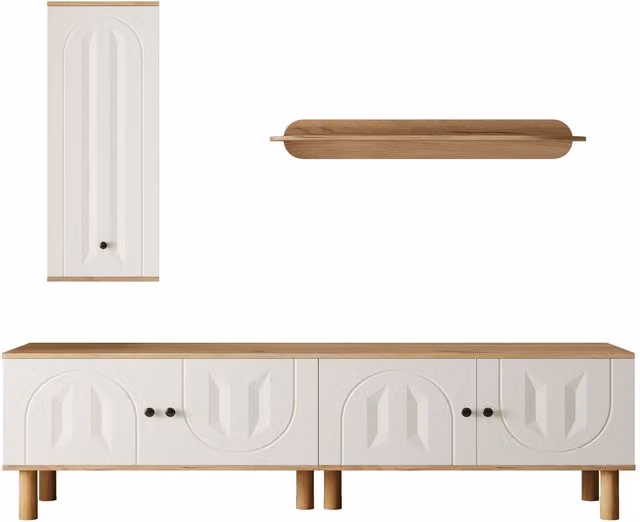 Parete attrezzata moderna GL Store composta da mobile alto, mobile basso e pannello a parete in finitura legno bianco, beige e multicolore – 1
