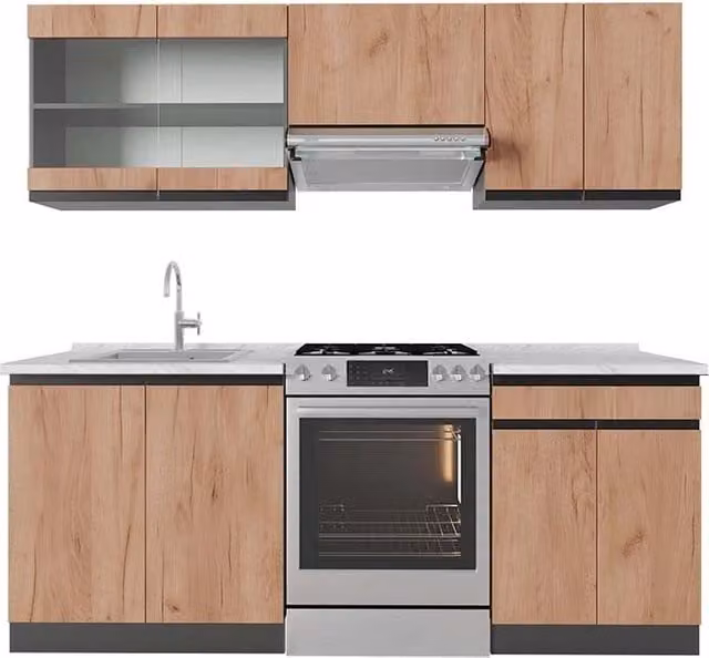 Cucina componibile moderna Vicco R-Line J-Shape in Rovere dorato e Antracite con piano in marmo, L: 200 cm – 1