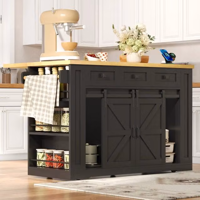 Isola cucina mobile nera e naturale con piano ribaltabile, prese USB e cassetti