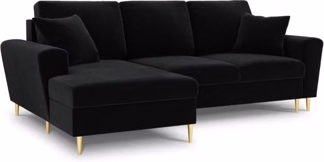 Divano angolare convertibile Kyoto Cosmopolitan Design a 4 posti con contenitore, lato sinistro, in velluto nero e oro, L 241 x P 114,6 x H 88 cm