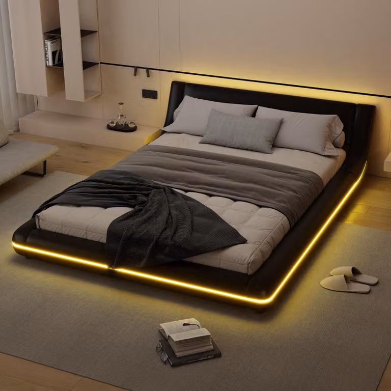 Letto imbottito Flieks 140x200cm con LED, letto matrimoniale letto giovanile con rete a doghe, letto classico letto in legno letto galleggiante letto da terra, PU, nero