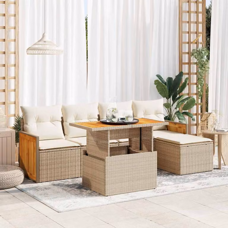 Set Divano da Giardino a L vidaXL in Polyrattan e Legno di Acacia con 6 Cuscini Beige e Tavolino da Esterno