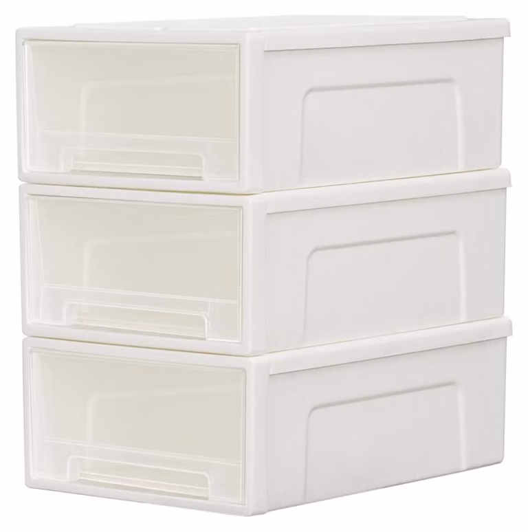 Contenitore in plastica con 3 cassetti, capacità 5L ciascuno, impilabile. Ideale per armadi, camere da letto, dormitori, uffici. Facile da trasportare. Set da 3 pezzi, bianco e trasparente