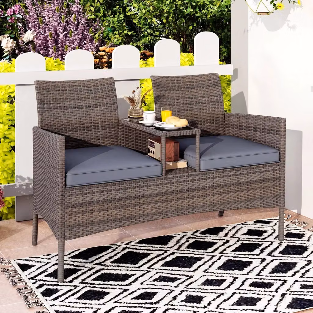 Divano da esterno con tavolino integrato in polyrattan e piano in vetro temperato Grigio, con cuscini inclusi e struttura in metallo per 2 persone – 2
