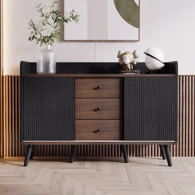Sideboard moderno in legno, 3 cassetti e ripiani portaoggetti. Per camera da letto e soggiorno. H80 x L117,5 x P40 cm. Venatura pregiata.