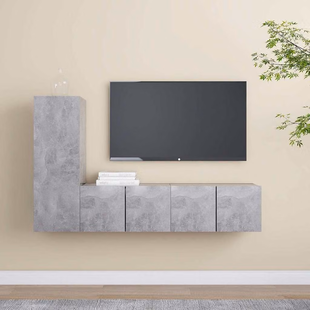 Set di mobili porta TV vidaXL in 3 pezzi, design minimalista in legno e MDF, colore grigio cemento, da appendere a parete per il tuo soggiorno