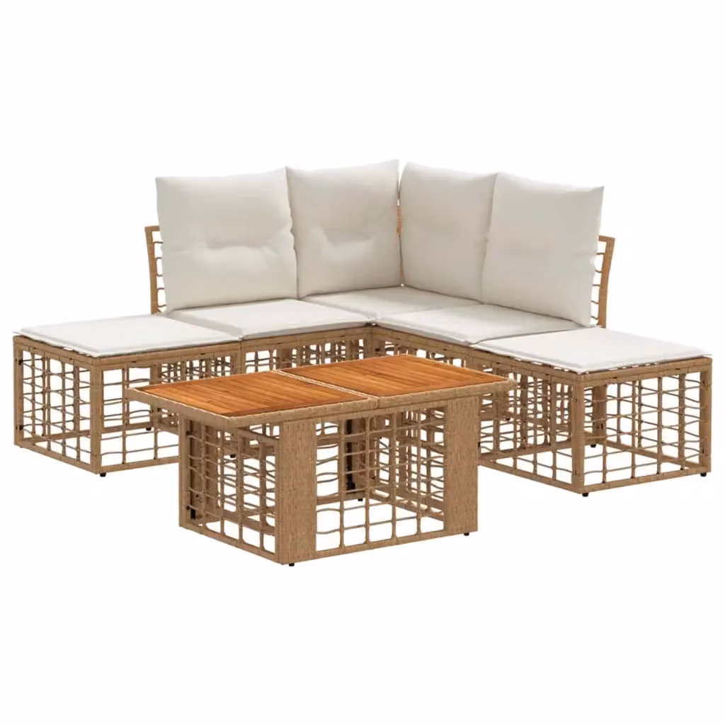 Set Divano da Giardino a L con Poltrona e Tavolino vidaXL, 6 Pezzi, Colore Beige e Bianco con Cuscini e Struttura in Metallo e Legno di Acacia – 2