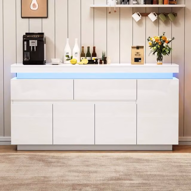 Mobile soggiorno 140x35x72,5 cm bianco lucido con 4 ante e 2 cassetti, mobile TV con LED