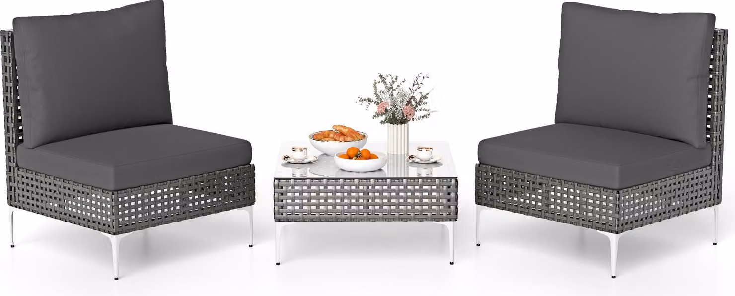 Set di mobili da giardino COSTWAY 3-TLG, set di mobili da balcone in rattan PE con 2 sedie incl. cuscino e tavolo, gruppo di sedute per mobili da giardino grigio