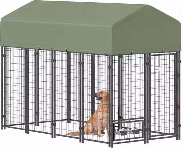 Recinto per Cani da Esterno in Acciaio Verde con Tetto Oxford e 2 Ciotole Girevoli, Kennel Robusto per Giardino, 244x122x183 cm