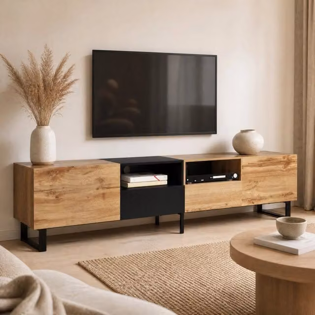 Mobile TV moderno REDOM con 2 ante e 2 cassetti in MDF, Nero e Color Legno, L: 190 cm, P: 38 cm, H: 48 cm