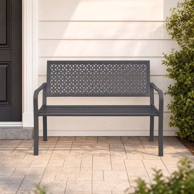 Panchina da giardino MODFU a 2 posti in acciaio grigio con braccioli, L: 240 cm, P: 61 cm, H: 85 cm