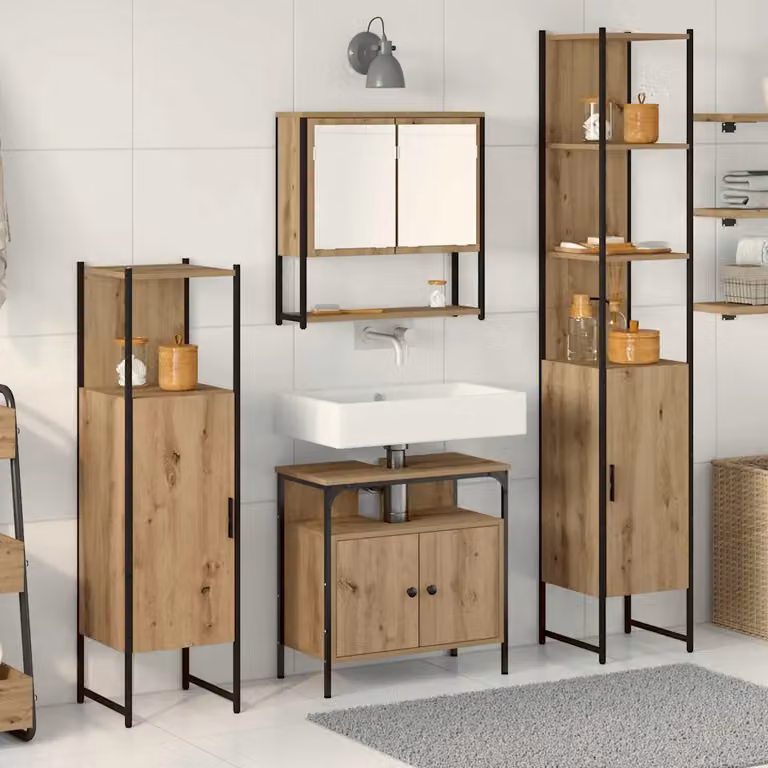 Set di mobili per il bagno moderno vidaXL in legno e metallo marrone composto da mobile sottolavabo, pensile e armadietto con specchio, montaggio a parete