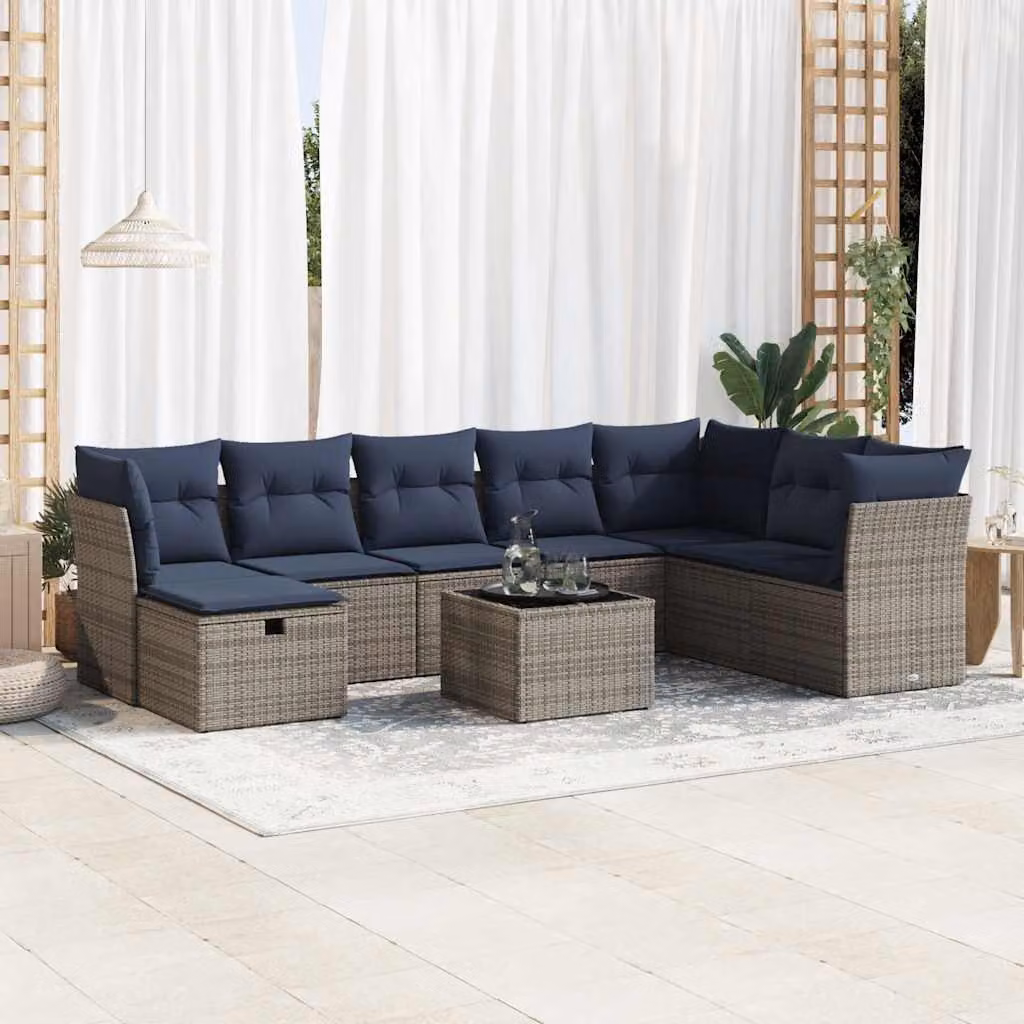 Set Divano da Giardino a L vidaXL 9 pz con Cuscini Grigio e Blu in Polyrattan e Metallo