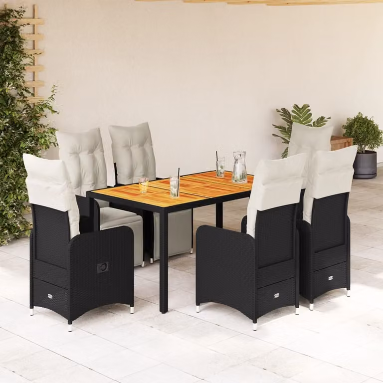Set da Bistrò da Giardino vidaXL 7 pz in Polyrattan e Legno di Acacia con Cuscini Nero