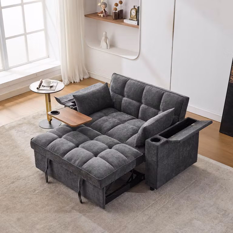 Divano letto STILVORA 3 in 1, con schienale regolabile e porta USB, divano lounge a 2 posti con tavolino nascosto e portabevande, grigio