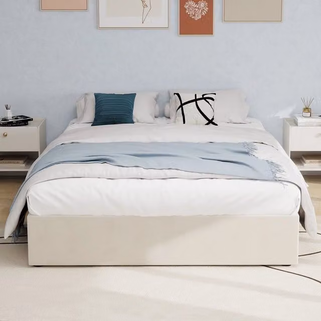 Letto Contenitore Matrimoniale in Velluto ¨C MINIMAL ¨C Beige 160x200 con Pistone Idraulico