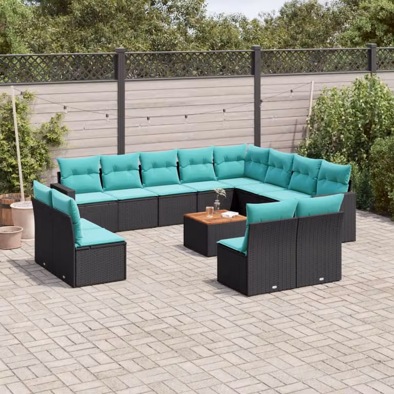 Set di divani da giardino vidaXL in polyrattan nero con cuscini e struttura in legno di acacia oliato per 13 persone