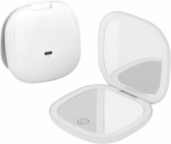Specchio da viaggio compatto e ricaricabile con luce LED, zoom 10x, 3 livelli di luminosità, intensità regolabile, specchio touch USB-C (bianco)