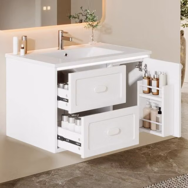 Mobile Bagno Sospeso con Lavabo Integrato e LED ¨C Xylo ¨C Bianco, 2 Cassetti, 76x46x51 cm