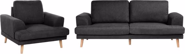 Set da salotto a 4 posti con divano in tessuto e poltrona braccioli svasati in stile moderno nero