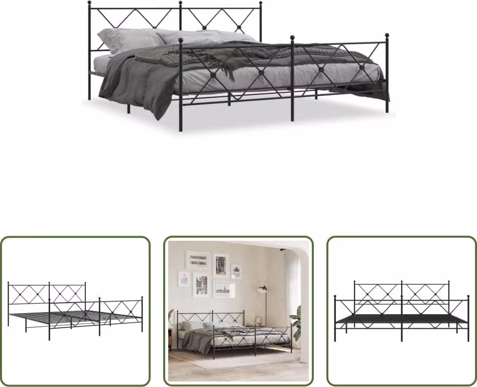 The Living Store Struttura letto con testiera e pediera in metallo nero 183x213 cm