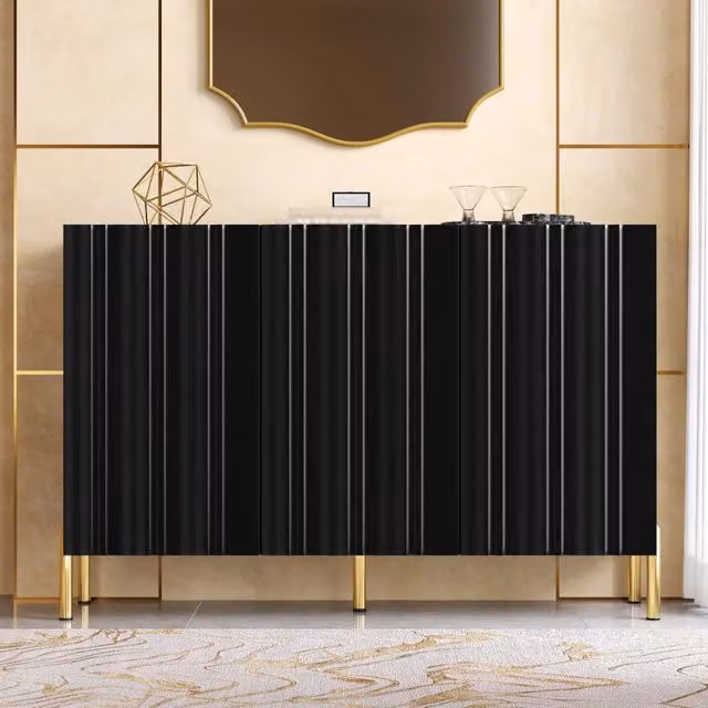 Scarpiera consolle 2 in 1 Minimal in legno multistrato e MDF con 3 ante e ripiani regolabili, colore nero e oro, L: 120 cm, P: 35,5 cm, H: 80 cm
