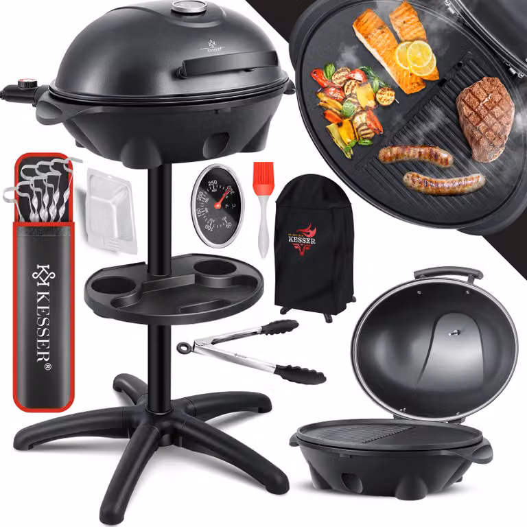 KESSER® Griglia elettrica 2in1, da tavolo/da terra, con coperchio, potenza massima 2400W, rivestimento antiaderente, piastra XXL