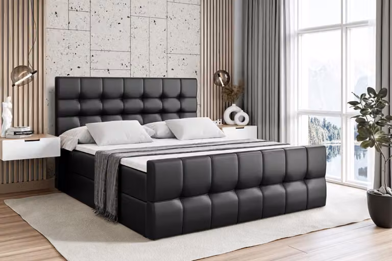 Letto boxspring ALTDECOR con materasso e rete a doghe - - BERO -Z - 140x200 cm - Ecopelle nera - Letto boxspring, pediera, topper, letto imbottito con contenitore, letto con contenitore H3 - Materasso, letto matrimoniale, letto boxspring