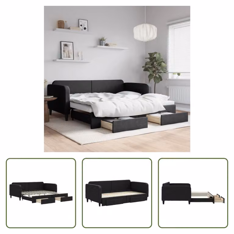 The Living Store Letto da giorno allungabile con cassetti nero 100x200 cm in tessuto